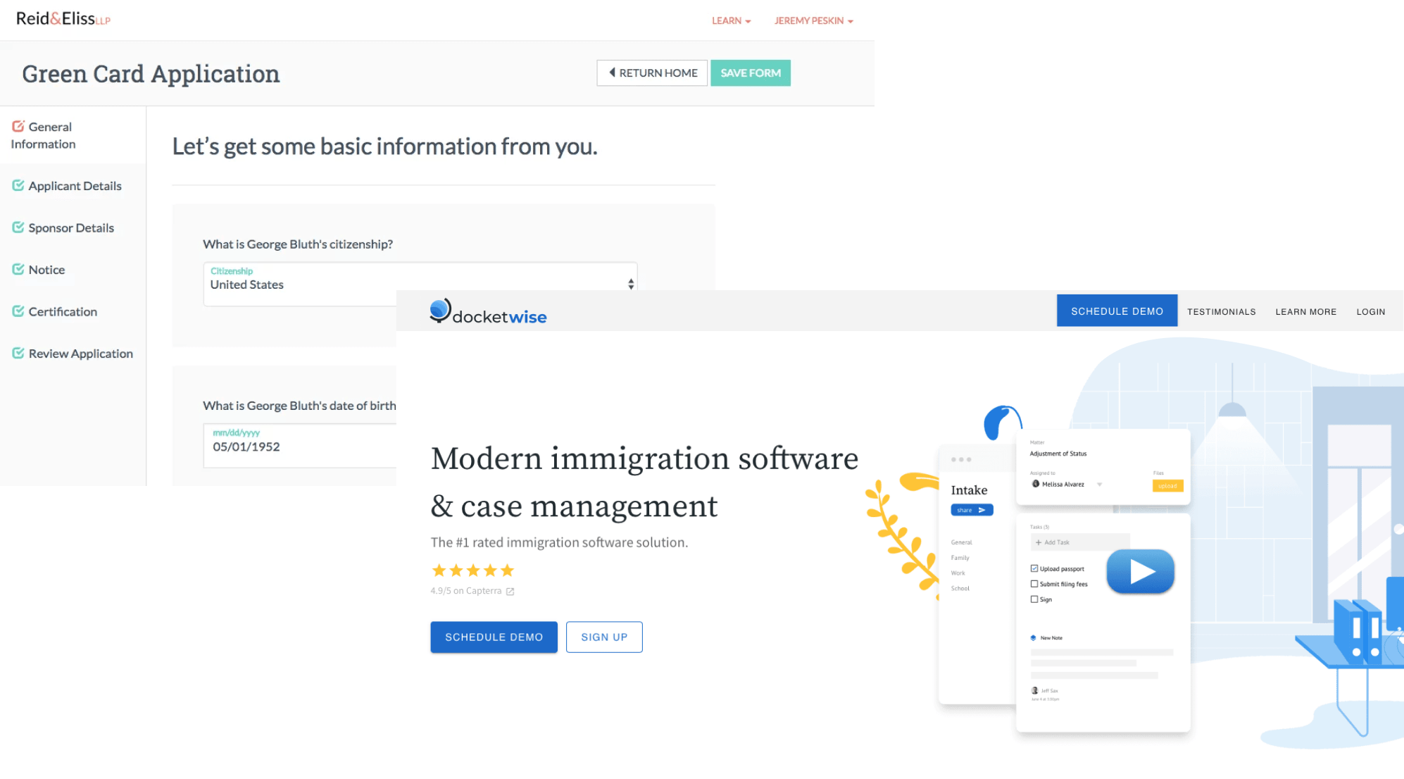 Docketwise web app and the promo website